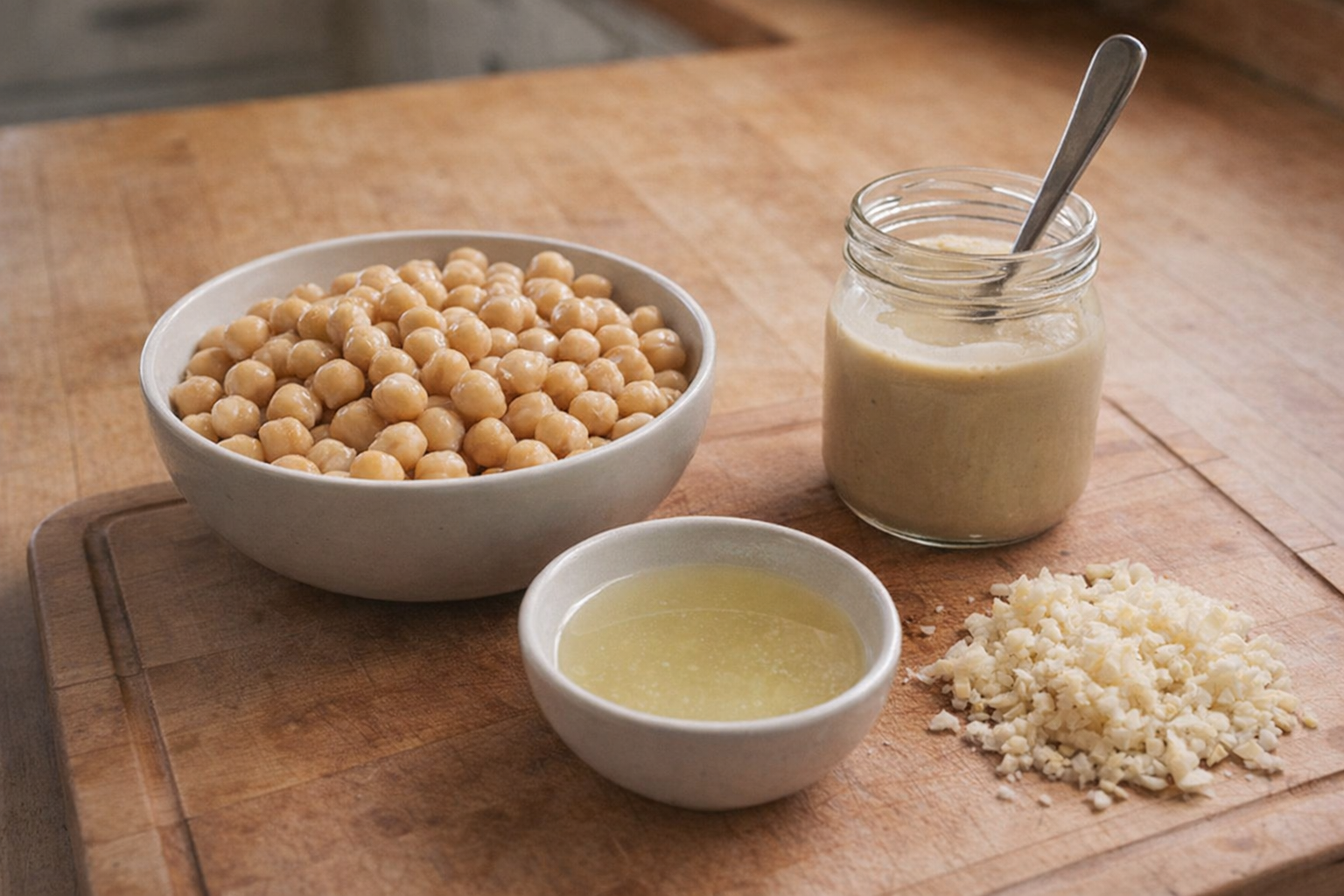 A close-up shot of drained and rinsed canned chickpeas, a bowl of freshly squeezed lemon juice, a jar of tahini with a spoon, and minced garlic, all arranged on a wooden cutting board